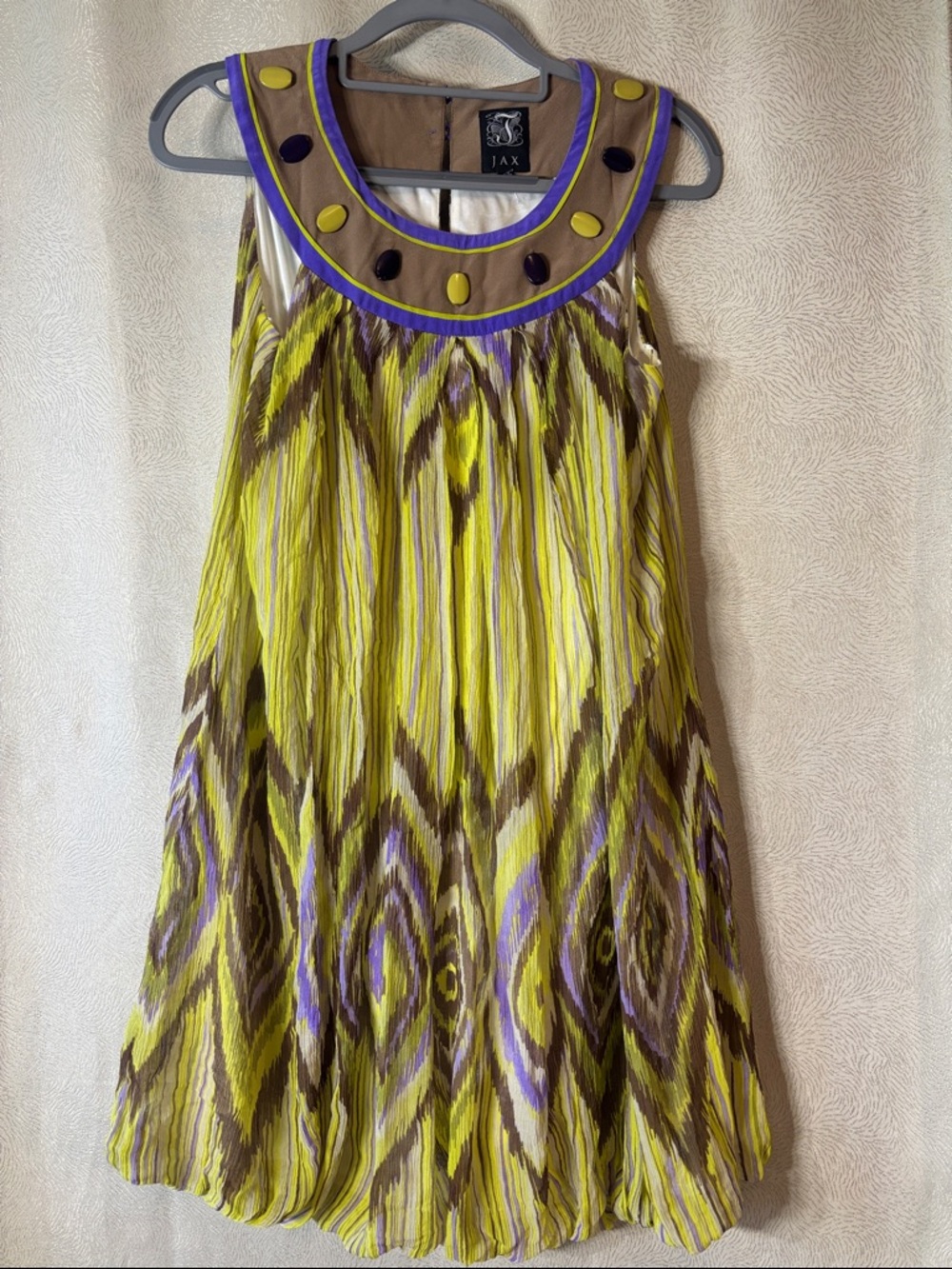 JAX BRAND SILK CHIFFON BUBBLE SWING TRAPEZE DRESS LIME GREEN BROWN PURPLE 0234